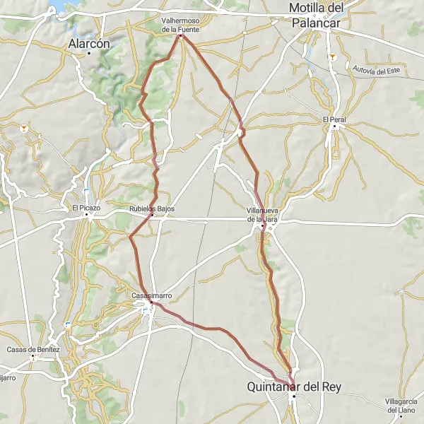 Map miniature of "Scenic Gravel Cycling Route near Quintanar del Rey" cycling inspiration in Castilla-La Mancha, Spain. Generated by Tarmacs.app cycling route planner