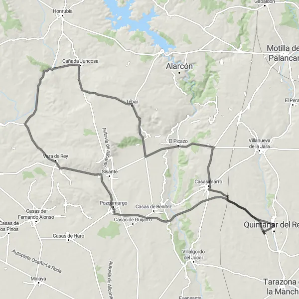 Miniatura mapy "Wyprawa wzdłuż drogi Quintanar del Rey" - trasy rowerowej w Castilla-La Mancha, Spain. Wygenerowane przez planer tras rowerowych Tarmacs.app