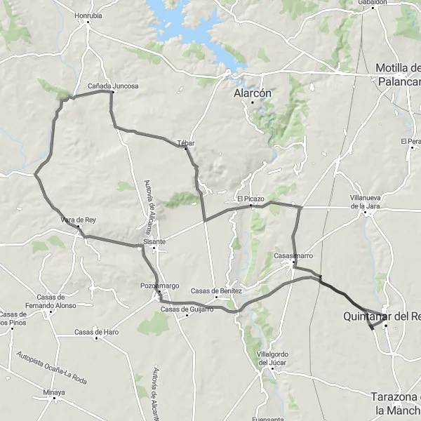 Map miniature of "Quintanar del Rey Loop Road Cycling Route" cycling inspiration in Castilla-La Mancha, Spain. Generated by Tarmacs.app cycling route planner