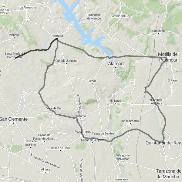 Miniatua del mapa de inspiración ciclista "Ruta de carretera desafiante desde Quintanar del Rey" en Castilla-La Mancha, Spain. Generado por Tarmacs.app planificador de rutas ciclistas