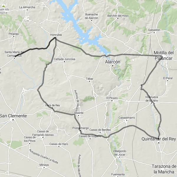 Map miniature of "The Scenic Road Escape" cycling inspiration in Castilla-La Mancha, Spain. Generated by Tarmacs.app cycling route planner