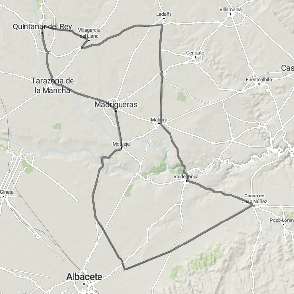 Miniatua del mapa de inspiración ciclista "Ruta de carretera desde Quintanar del Rey" en Castilla-La Mancha, Spain. Generado por Tarmacs.app planificador de rutas ciclistas