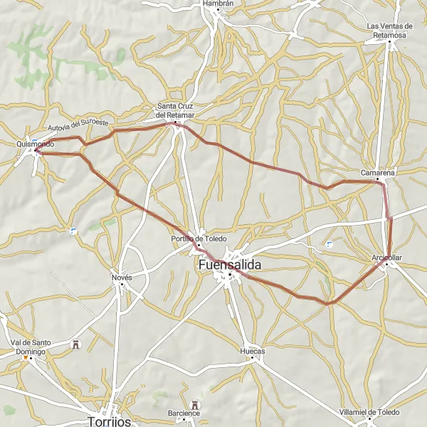 Miniatuurkaart van de fietsinspiratie "Route rond Quismondo via Santa Cruz del Retamar, Arcicóllar en Fuensalida" in Castilla-La Mancha, Spain. Gemaakt door de Tarmacs.app fietsrouteplanner