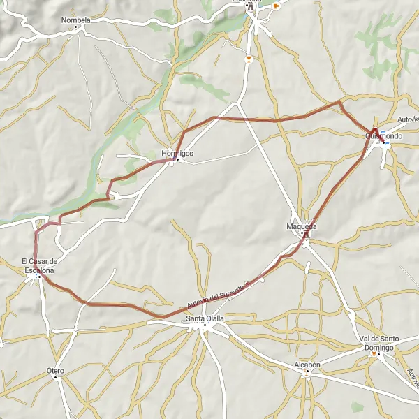 Miniatura mapy "Przejażdżka gravelowa z punktu wyjścia w Quismondo" - trasy rowerowej w Castilla-La Mancha, Spain. Wygenerowane przez planer tras rowerowych Tarmacs.app