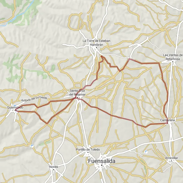 Miniatua del mapa de inspiración ciclista "Ruta de Grava de Quismondo a Camarena" en Castilla-La Mancha, Spain. Generado por Tarmacs.app planificador de rutas ciclistas
