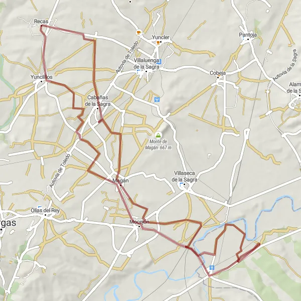Miniatua del mapa de inspiración ciclista "Ruta de Grava por Mocejón y Magán" en Castilla-La Mancha, Spain. Generado por Tarmacs.app planificador de rutas ciclistas