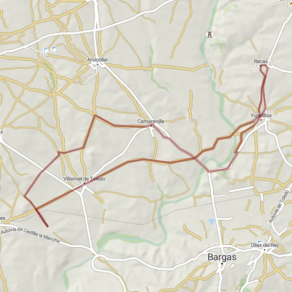 Miniatua del mapa de inspiración ciclista "Ruta de gravel por Villamiel de Toledo y Camarenilla" en Castilla-La Mancha, Spain. Generado por Tarmacs.app planificador de rutas ciclistas