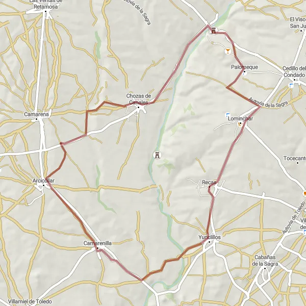 Miniatua del mapa de inspiración ciclista "Ruta de Grava por Camarenilla y Palomeque" en Castilla-La Mancha, Spain. Generado por Tarmacs.app planificador de rutas ciclistas