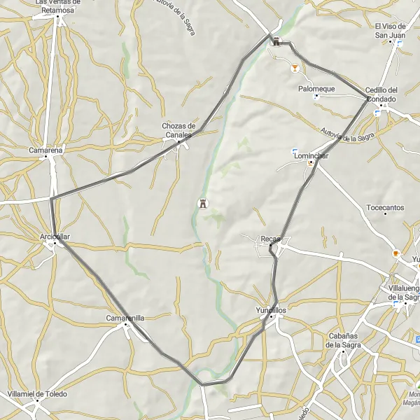 Miniatua del mapa de inspiración ciclista "Ruta de Recas a Chozas de Canales" en Castilla-La Mancha, Spain. Generado por Tarmacs.app planificador de rutas ciclistas