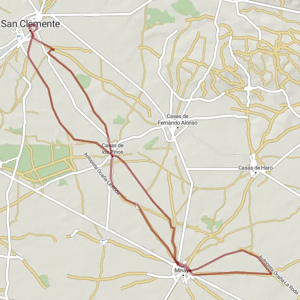 Miniatua del mapa de inspiración ciclista "Ruta en bicicleta de gravilla cerca de San Clemente" en Castilla-La Mancha, Spain. Generado por Tarmacs.app planificador de rutas ciclistas