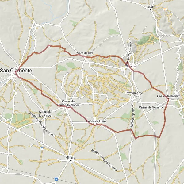 Map miniature of "Vara de Rey and Casas de Benítez Gravel Loop" cycling inspiration in Castilla-La Mancha, Spain. Generated by Tarmacs.app cycling route planner
