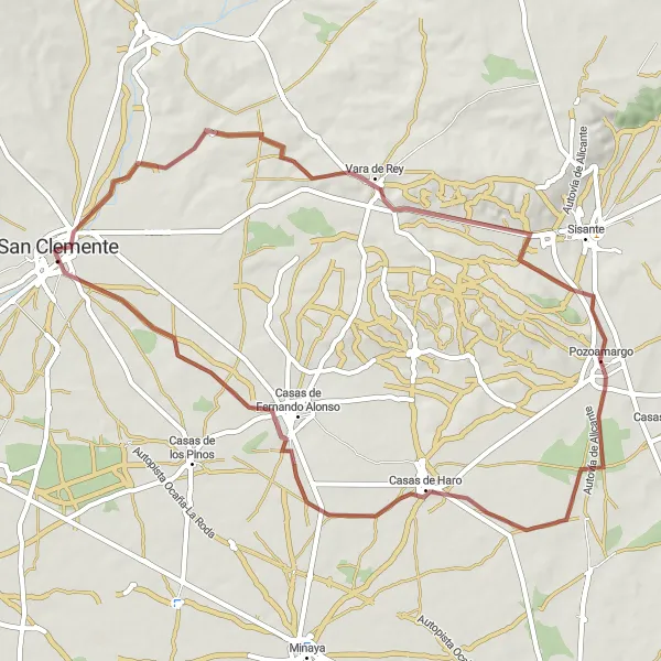 Map miniature of "Vara de Rey and Pozoamargo Gravel Loop" cycling inspiration in Castilla-La Mancha, Spain. Generated by Tarmacs.app cycling route planner