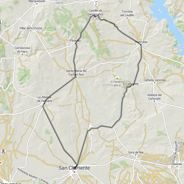 Miniatua del mapa de inspiración ciclista "Ruta en bicicleta cerca de San Clemente" en Castilla-La Mancha, Spain. Generado por Tarmacs.app planificador de rutas ciclistas