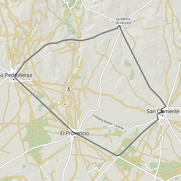 Map miniature of "Crucero de piedra and Las Pedroñeras Road Adventure" cycling inspiration in Castilla-La Mancha, Spain. Generated by Tarmacs.app cycling route planner