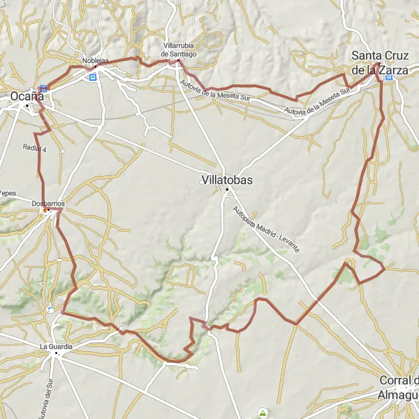 Miniatuurkaart van de fietsinspiratie "Gravelroute van Santa Cruz de la Zarza naar Villarrubia de Santiago en Noblejas" in Castilla-La Mancha, Spain. Gemaakt door de Tarmacs.app fietsrouteplanner