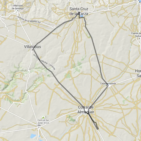 Miniatua del mapa de inspiración ciclista "Ruta panorámica de Santa Cruz de la Zarza a Villatobas" en Castilla-La Mancha, Spain. Generado por Tarmacs.app planificador de rutas ciclistas
