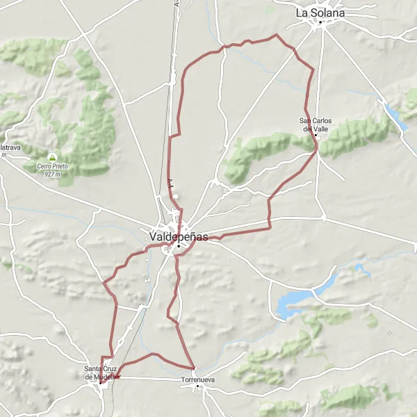 Map miniature of "Valdepeñas Gravel Adventure" cycling inspiration in Castilla-La Mancha, Spain. Generated by Tarmacs.app cycling route planner