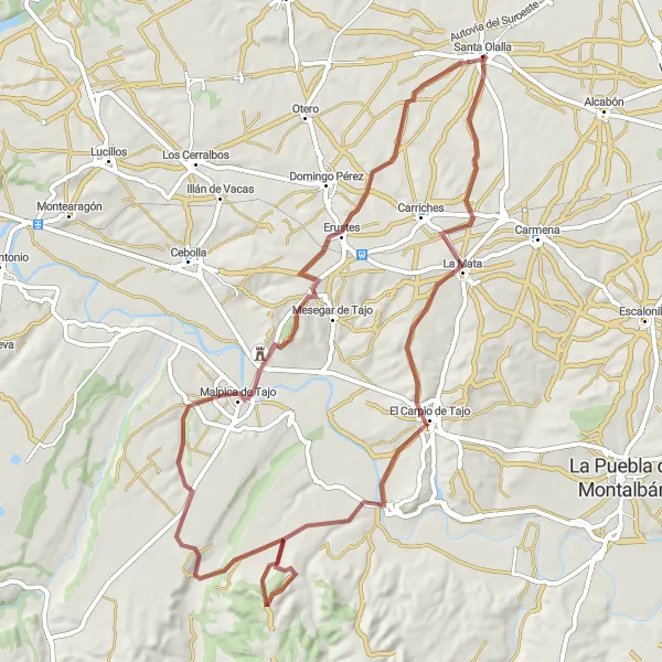 Miniatuurkaart van de fietsinspiratie "Avontuurlijke gravelroute door het Spaanse landschap" in Castilla-La Mancha, Spain. Gemaakt door de Tarmacs.app fietsrouteplanner