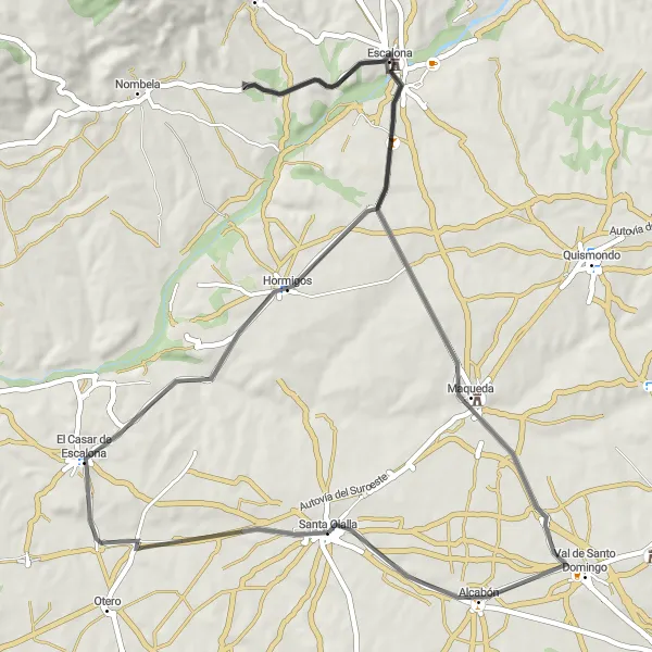 Map miniature of "Road Cycling Adventure to Escalona and Alcabón" cycling inspiration in Castilla-La Mancha, Spain. Generated by Tarmacs.app cycling route planner