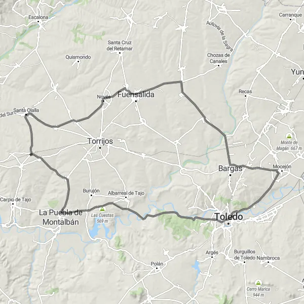 Map miniature of "Cycling Through Toledo and Las Cuestas" cycling inspiration in Castilla-La Mancha, Spain. Generated by Tarmacs.app cycling route planner