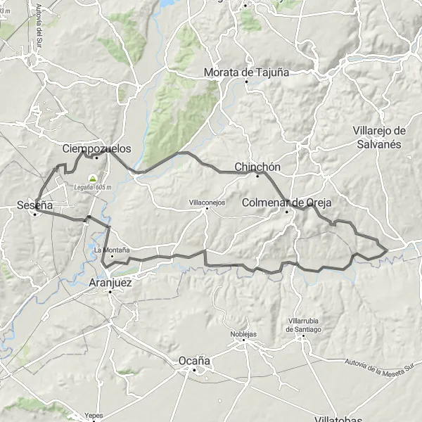 Map miniature of "The Chinchón and Tambor Circuit" cycling inspiration in Castilla-La Mancha, Spain. Generated by Tarmacs.app cycling route planner