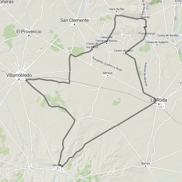 Miniatua del mapa de inspiración ciclista "Ruta en bici de carretera desde Sisante" en Castilla-La Mancha, Spain. Generado por Tarmacs.app planificador de rutas ciclistas