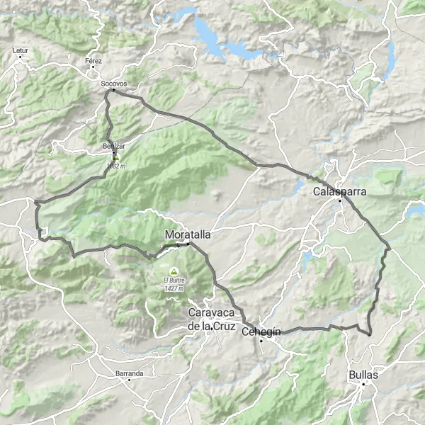 Map miniature of "Journey through Calasparra and Cehegín" cycling inspiration in Castilla-La Mancha, Spain. Generated by Tarmacs.app cycling route planner