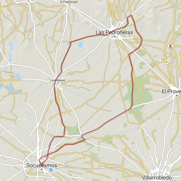 Map miniature of "Socuéllamos to Las Mesas and Las Pedroñeras Gravel Route" cycling inspiration in Castilla-La Mancha, Spain. Generated by Tarmacs.app cycling route planner