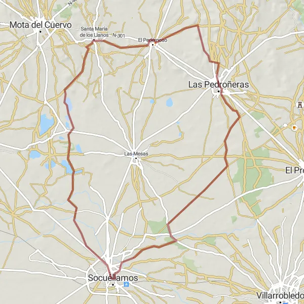 Miniatua del mapa de inspiración ciclista "Ruta en bicicleta de gravel desde Socuéllamos hasta Santa María de los Llanos y Las Pedroñeras" en Castilla-La Mancha, Spain. Generado por Tarmacs.app planificador de rutas ciclistas