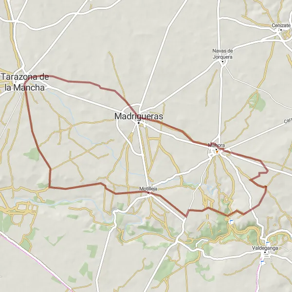 Miniatuurkaart van de fietsinspiratie "Gravelroute vanuit Tarazona de la Mancha naar Motilleja" in Castilla-La Mancha, Spain. Gemaakt door de Tarmacs.app fietsrouteplanner