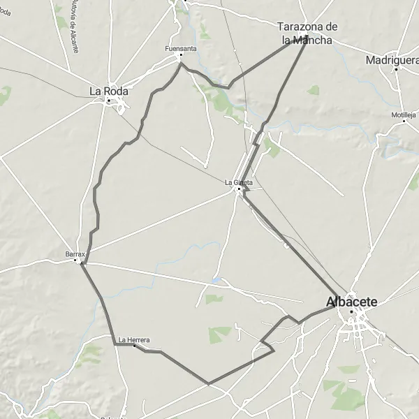 Miniaturekort af cykelinspirationen "Langs landevejen fra Tarazona de la Mancha" i Castilla-La Mancha, Spain. Genereret af Tarmacs.app cykelruteplanlægger