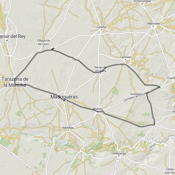 Map miniature of "Casas del Olmo Road" cycling inspiration in Castilla-La Mancha, Spain. Generated by Tarmacs.app cycling route planner