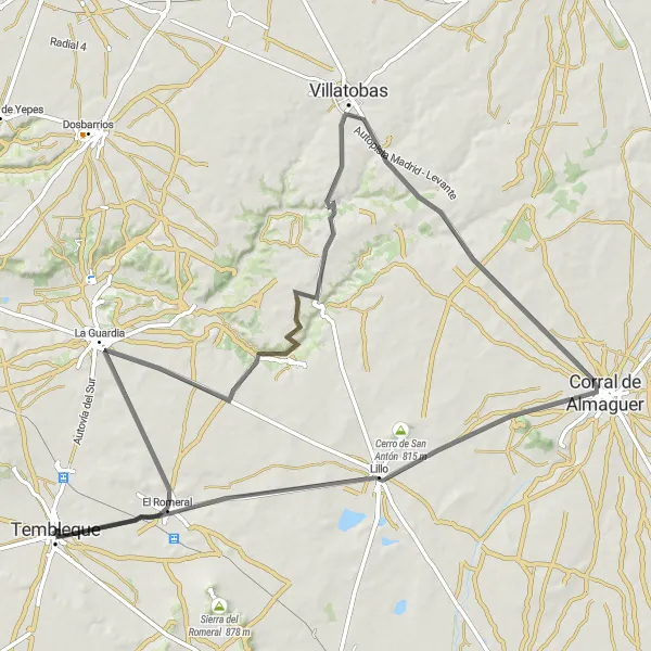 Miniatura mapy "Przejażdżka rowerowa przez Tembleque, Cerro Santo, La Guardia, Corral de Almaguer i Lillo" - trasy rowerowej w Castilla-La Mancha, Spain. Wygenerowane przez planer tras rowerowych Tarmacs.app