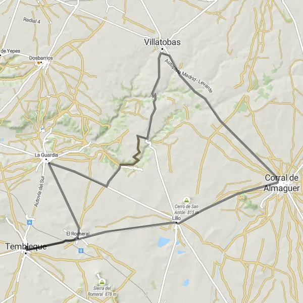 Map miniature of "Tembleque to Corral de Almaguer Loop" cycling inspiration in Castilla-La Mancha, Spain. Generated by Tarmacs.app cycling route planner