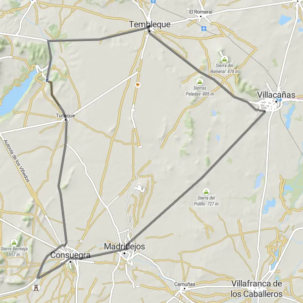 Map miniature of "Road Route from Rollo Jurisdiccional to Tembleque" cycling inspiration in Castilla-La Mancha, Spain. Generated by Tarmacs.app cycling route planner