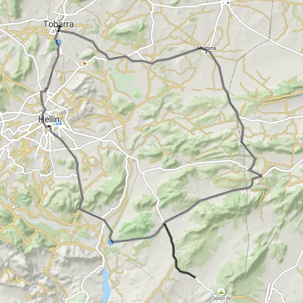 Map miniature of "Scenic Road Cycling Route to Albatana, Cancarix, Agramón, and Hellín" cycling inspiration in Castilla-La Mancha, Spain. Generated by Tarmacs.app cycling route planner