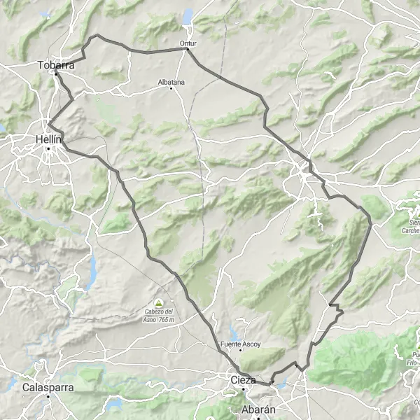 Map miniature of "Cycling Adventure through Ontur, Jumilla, Casablanca, Cieza, Cabezo del Puerto, Cancarix, and Nava Campaña" cycling inspiration in Castilla-La Mancha, Spain. Generated by Tarmacs.app cycling route planner