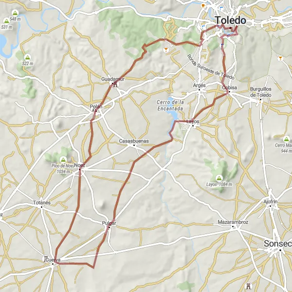 Map miniature of "The Gravel Adventure: Toledo and its Surroundings" cycling inspiration in Castilla-La Mancha, Spain. Generated by Tarmacs.app cycling route planner