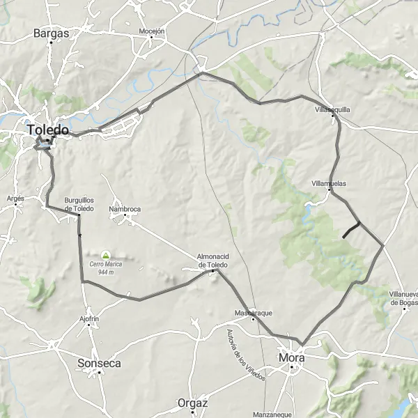 Map miniature of "Toledo and its Surroundings" cycling inspiration in Castilla-La Mancha, Spain. Generated by Tarmacs.app cycling route planner