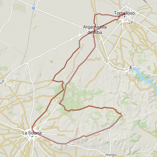 Map miniature of "Gravel Tour to Argamasilla de Alba" cycling inspiration in Castilla-La Mancha, Spain. Generated by Tarmacs.app cycling route planner