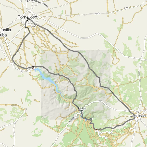 Map miniature of "The Natural Reservoirs Journey" cycling inspiration in Castilla-La Mancha, Spain. Generated by Tarmacs.app cycling route planner