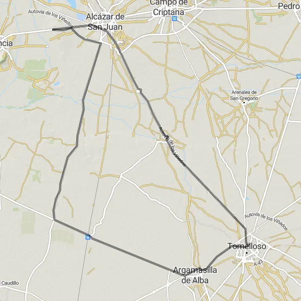 Map miniature of "Route from Tomelloso to Argamasilla de Alba" cycling inspiration in Castilla-La Mancha, Spain. Generated by Tarmacs.app cycling route planner