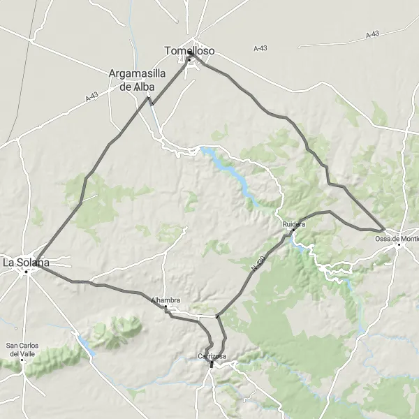 Miniatura mapy "Trasa rowerowa przez Ruidera, Cascada del Hundimiento de Ruidera, Carrizosa, Alhambra i Mirador del Calvario" - trasy rowerowej w Castilla-La Mancha, Spain. Wygenerowane przez planer tras rowerowych Tarmacs.app