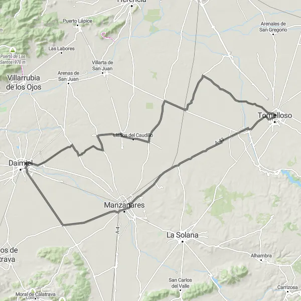 Map miniature of "Tomelloso to Llanos del Caudillo" cycling inspiration in Castilla-La Mancha, Spain. Generated by Tarmacs.app cycling route planner