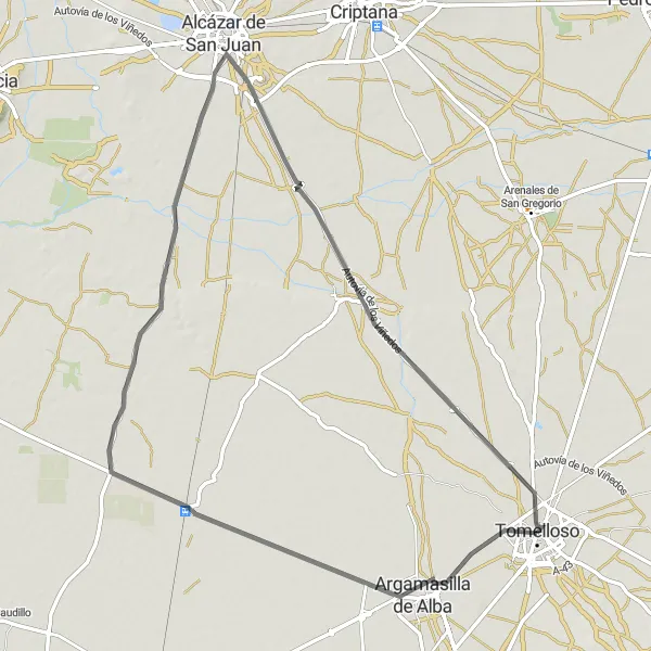 Map miniature of "The Windmills Route" cycling inspiration in Castilla-La Mancha, Spain. Generated by Tarmacs.app cycling route planner