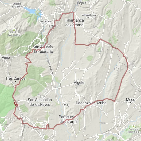 Map miniature of "Jarama Valley Gravel Adventure" cycling inspiration in Castilla-La Mancha, Spain. Generated by Tarmacs.app cycling route planner