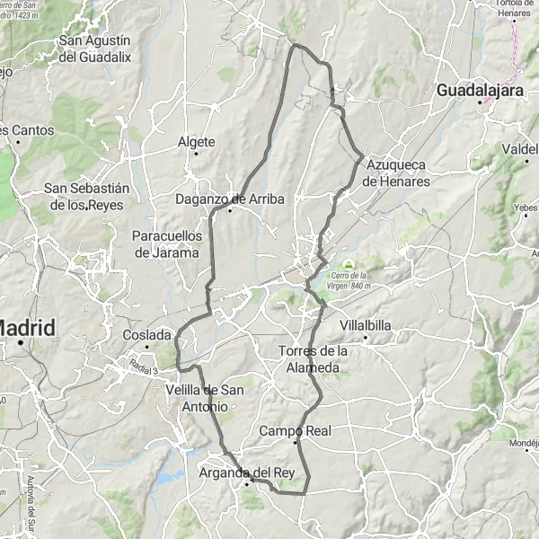 Miniatua del mapa de inspiración ciclista "Ruta de 117 km por carretera hacia Ajalvir y Toro del Rey" en Castilla-La Mancha, Spain. Generado por Tarmacs.app planificador de rutas ciclistas