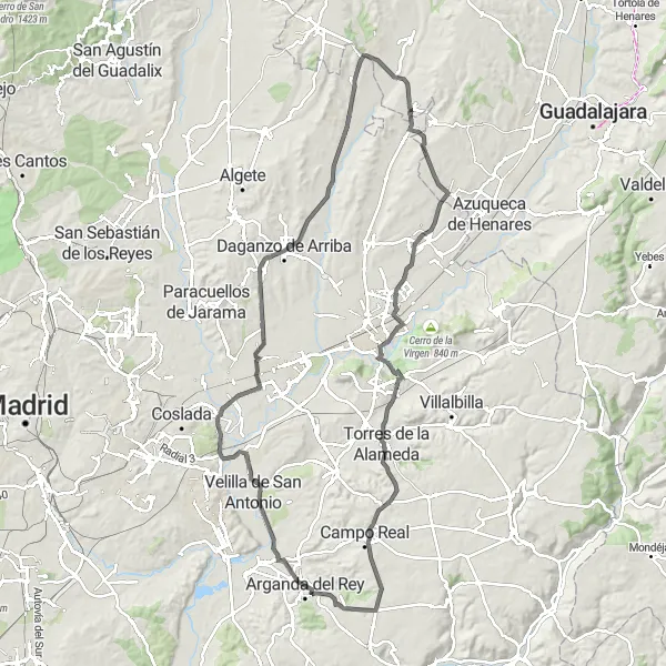 Map miniature of "Road Expedition Extravaganza" cycling inspiration in Castilla-La Mancha, Spain. Generated by Tarmacs.app cycling route planner