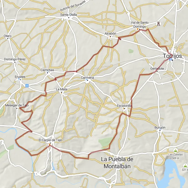 Miniatura mapy "Trasa przez El Carpio de Tajo i Mesegar de Tajo" - trasy rowerowej w Castilla-La Mancha, Spain. Wygenerowane przez planer tras rowerowych Tarmacs.app