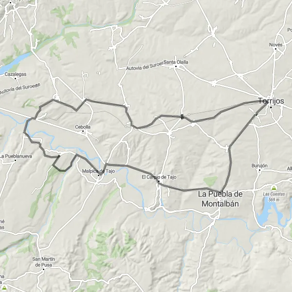 Map miniature of "La Puebla de Montalbán Road Loop" cycling inspiration in Castilla-La Mancha, Spain. Generated by Tarmacs.app cycling route planner